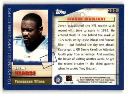Jevon Kearse Tennessee Titans football card with original gloss, Topps 2000 #179