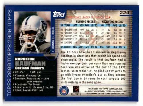 2000 Topps #224 Napoleon Kaufman Oakland Raiders Football Card with original gloss