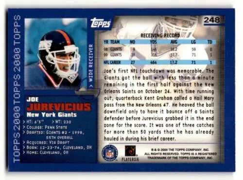 Joe Jurevicius New York Giants football card with original gloss for collectors