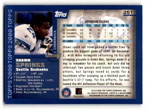Shawn Springs Seattle Seahawks football card original gloss 2000 Topps #251 EX/NM
