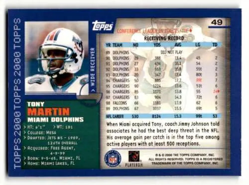 Tony Martin Miami Dolphins football card 2000 Topps #49 with original gloss condition