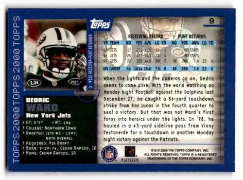 2000 Topps #9 Dedric Ward New York Jets football card with original gloss finish