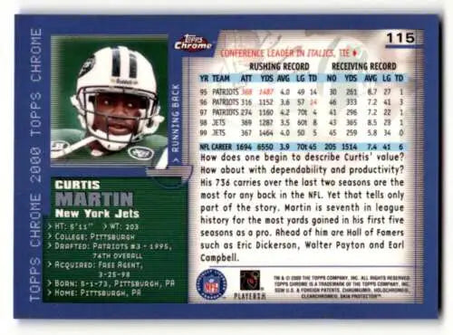 2000 Topps Chrome #115 Curtis Martin New York Jets football card with original gloss