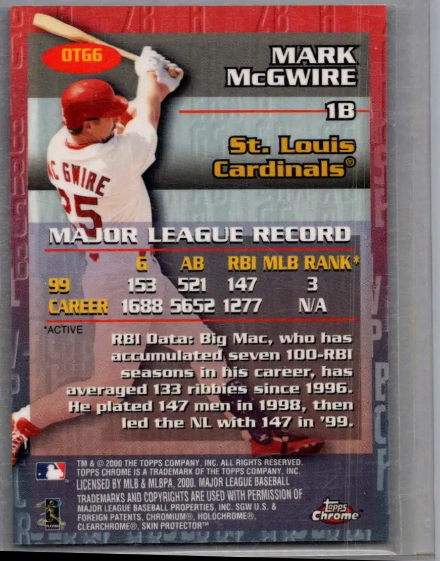 2000 Topps Chrome OTG6 Mark McGwire baseball card featuring Mark McGwire in a St. Louis Cardinals uniform