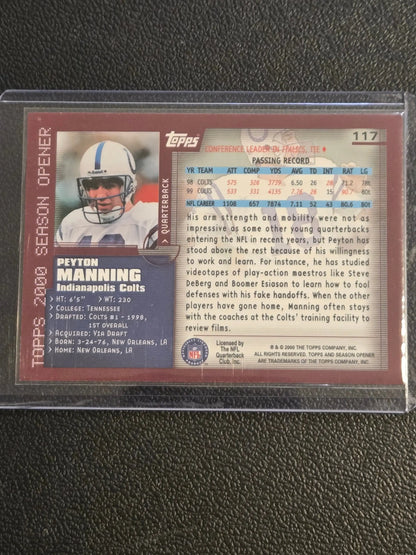 Peyton Manning 2000 Topps Season Opener football card in protective sleeve