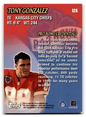 Tony Gonzalez 2000 Topps Stars #128 trading card featuring the football star