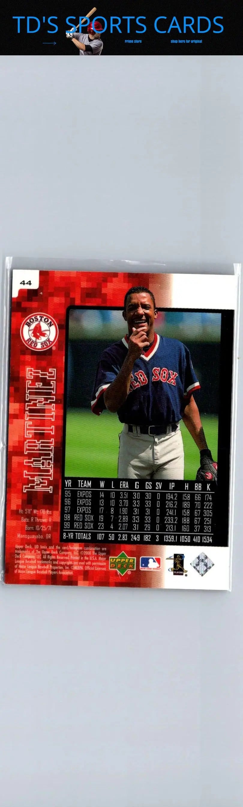 Baseball cards featuring the back of 2000 UD Ionix Pedro Martinez trading card