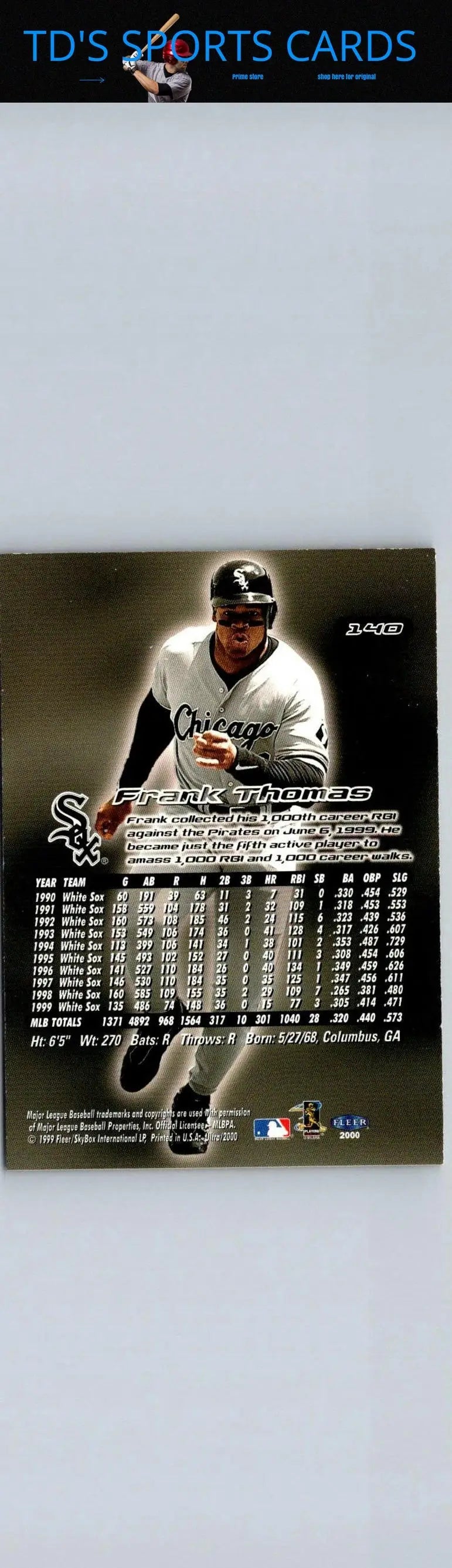 Baseball card featuring Frank Thomas stats from 2000 Ultra #140 trading cards