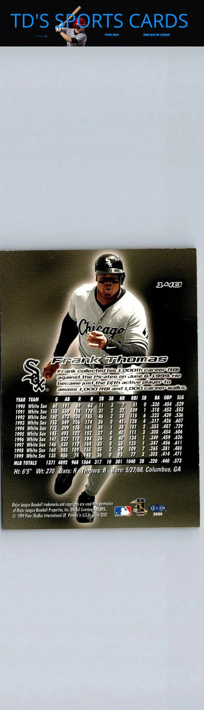 Baseball card featuring Frank Thomas stats from 2000 Ultra #140 trading cards