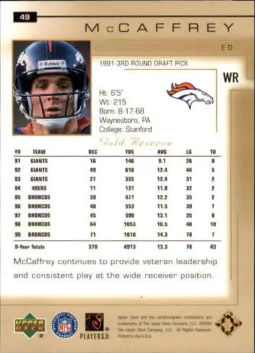 NFL trading card of Ed McCaffrey, Denver Broncos, featuring Upper Deck Gold Reserve design