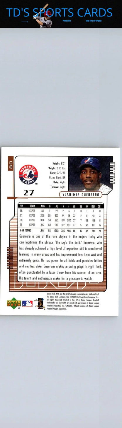 Back of 2000 Upper Deck MVP #80 Vladimir Guerrero baseball card showcasing player stats