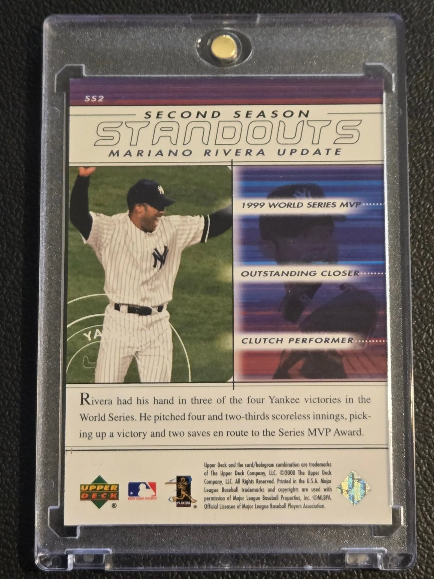 Baseball trading card of Mariano Rivera in protective case from 2000 Upper Deck MVP SS2 Mariano Rivera Second Season Standouts