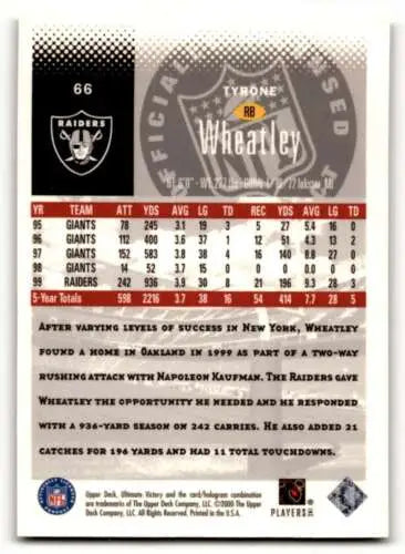 Tyrone Wheatley football card from 2000 Upper Deck Ultimate Victory with original gloss