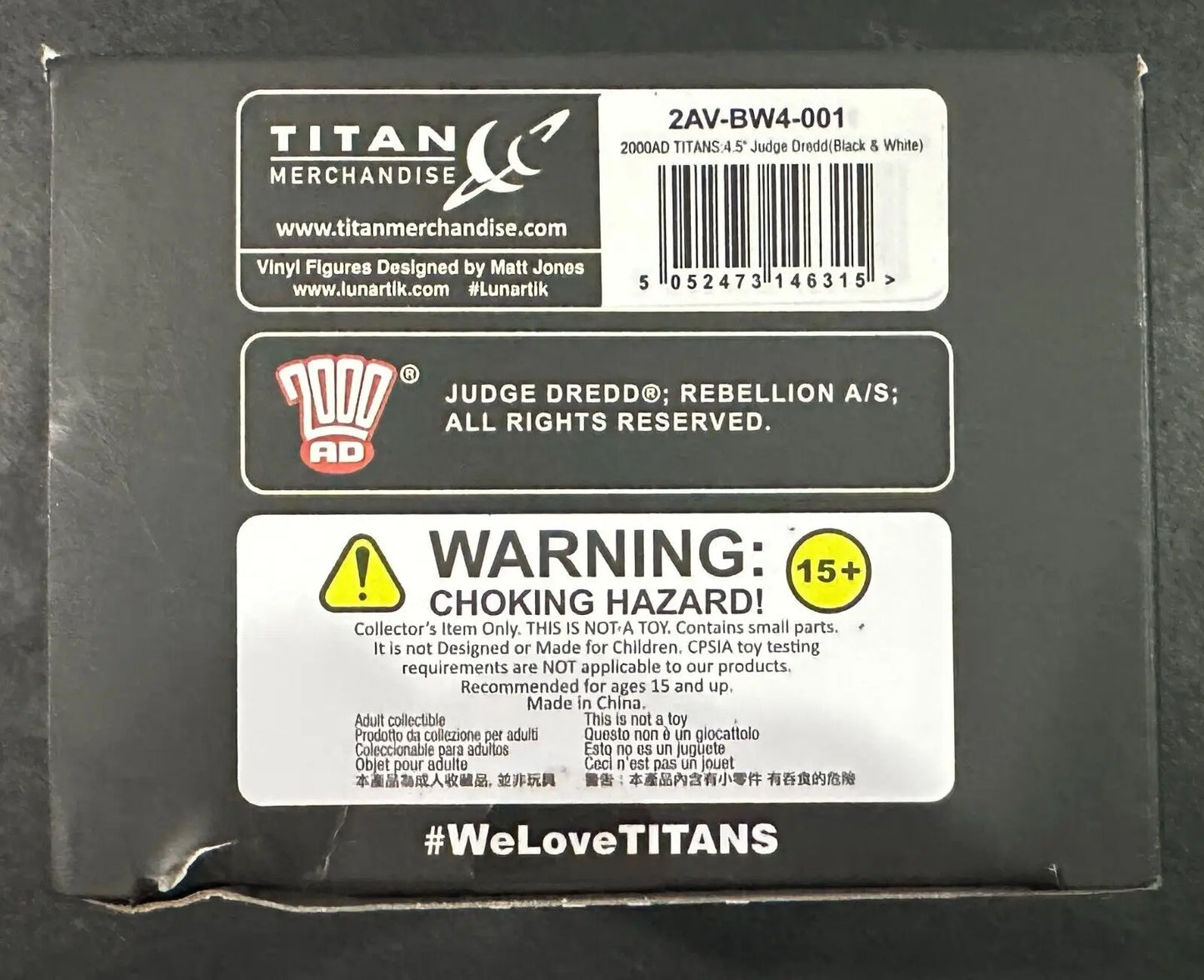 Toy packaging with choking hazard warning for 2000AD Titans Judge Dredd figure