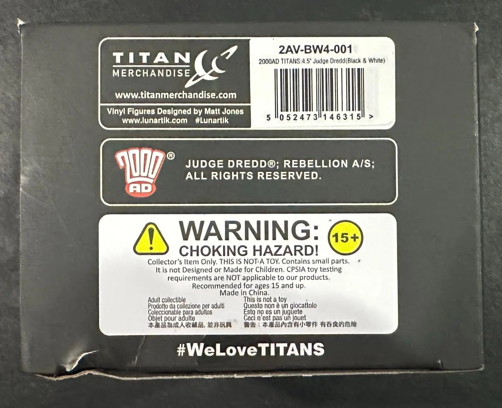 Toy packaging with choking hazard warning for 2000AD Titans Judge Dredd figure