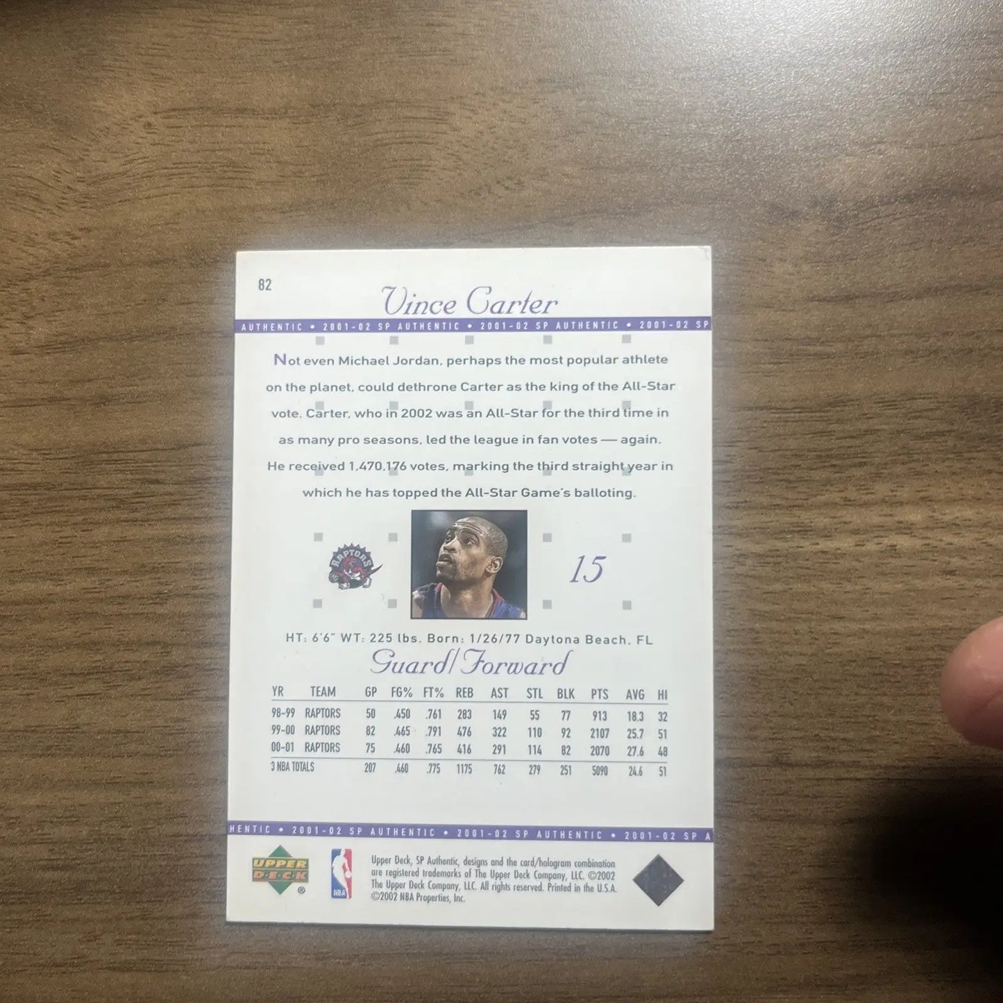 Vince Carter basketball trading card from 2001-02 Upper Deck SP Authentic #82 Toronto Raptors