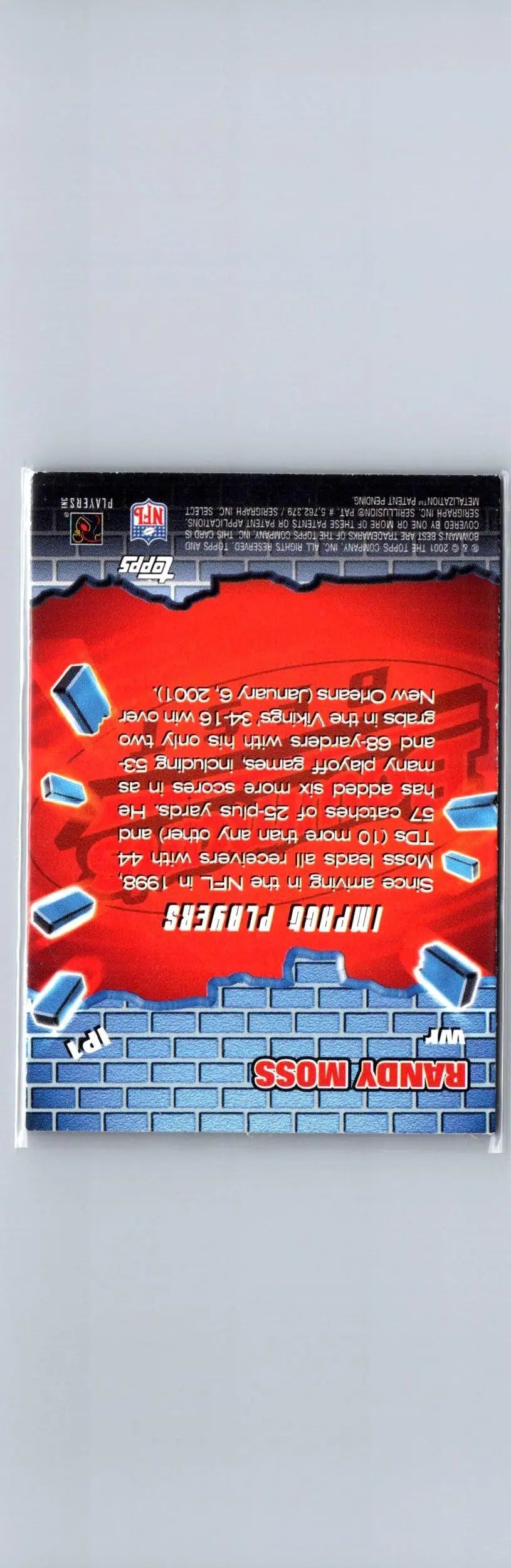 Collectible 2001 Bowman’s Best IP1 Randy Moss Impact Players trading card with brick wall design