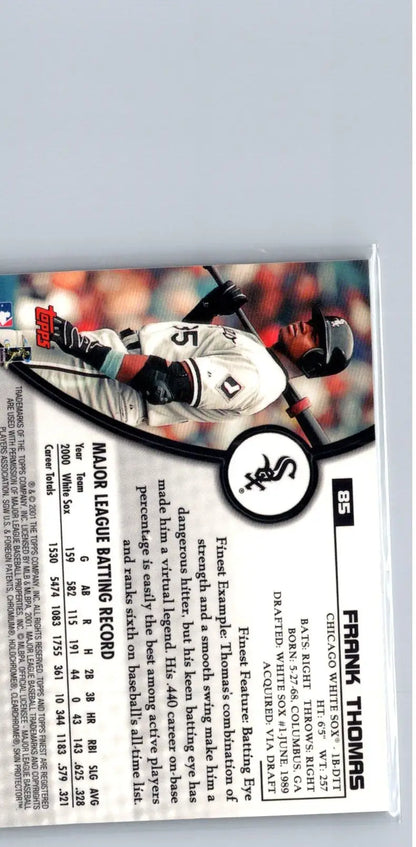 Baseball trading card featuring Frank Thomas from 2001 Finest #85 collection