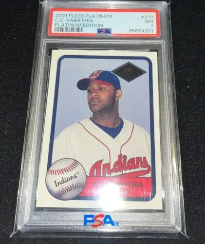 Graded C.C. Sabathia baseball card from 2001 Fleer Platinum Edition #319 RC PSA 7