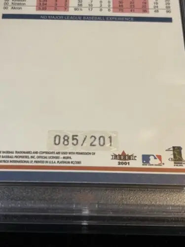 2001 Fleer Platinum Edition C.C. Sabathia RC card number 085/201 Indians PSA 7