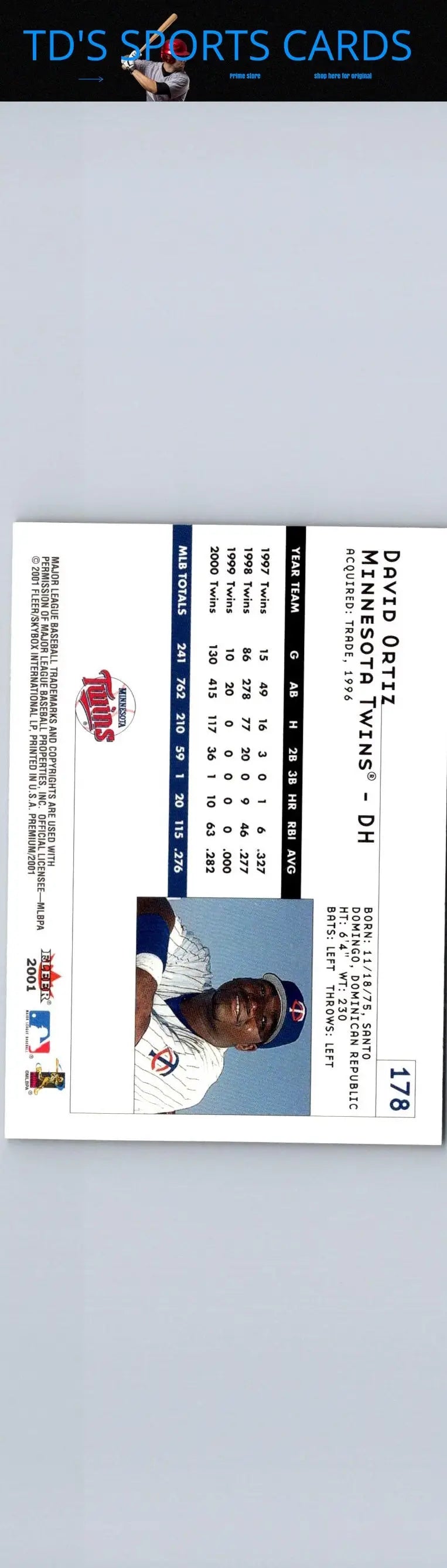 David Ortiz 2001 Fleer Premium #178 baseball trading card collectible