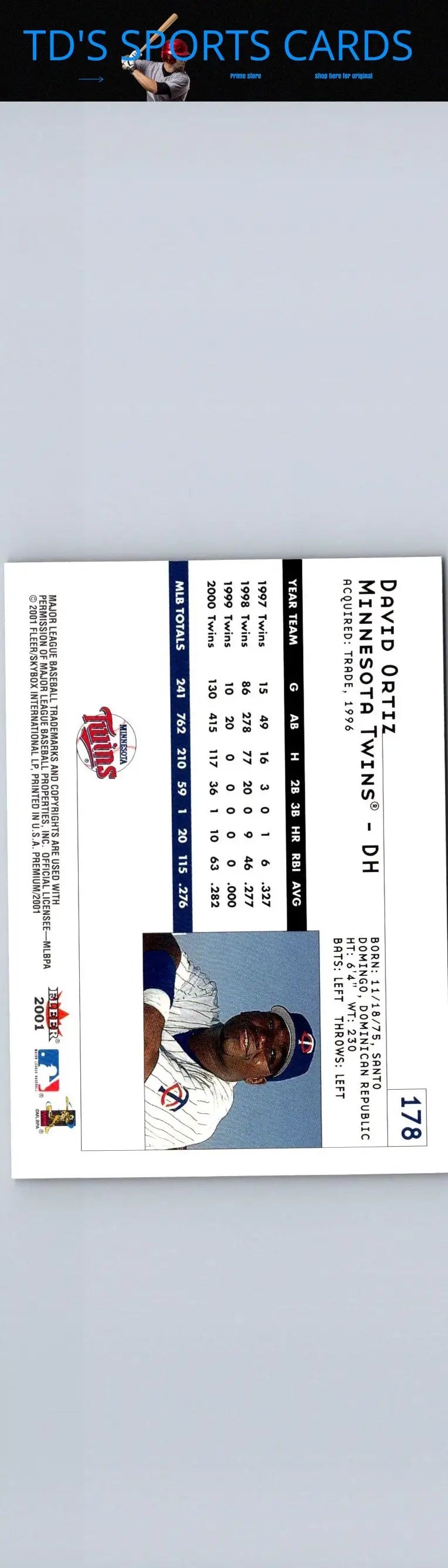 David Ortiz 2001 Fleer Premium #178 trading card showcasing the baseball legend