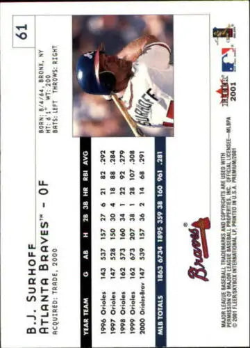 2001 Fleer Premium #61 B.J. Surhoff baseball card in original gloss, NM-MT condition