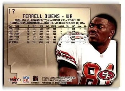 Terrell Owens trading card from 2001 Fleer Showcase #17 featuring the NFL star