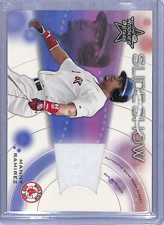 Manny Ramirez swinging in white home uniform on 2001 baseball card, #SS-26 Slideshow
