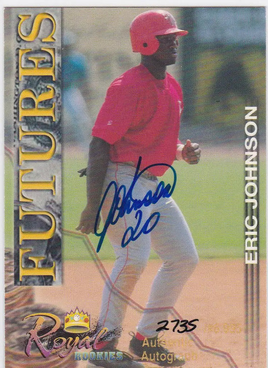 Baseball trading card of Eric Johnson Futures in bright pink jersey and helmet