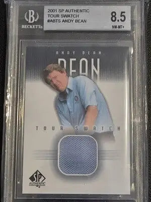 Graded 2001 SP Authentic Andy Bean Tour Swatch golf trading card displayed in product listing