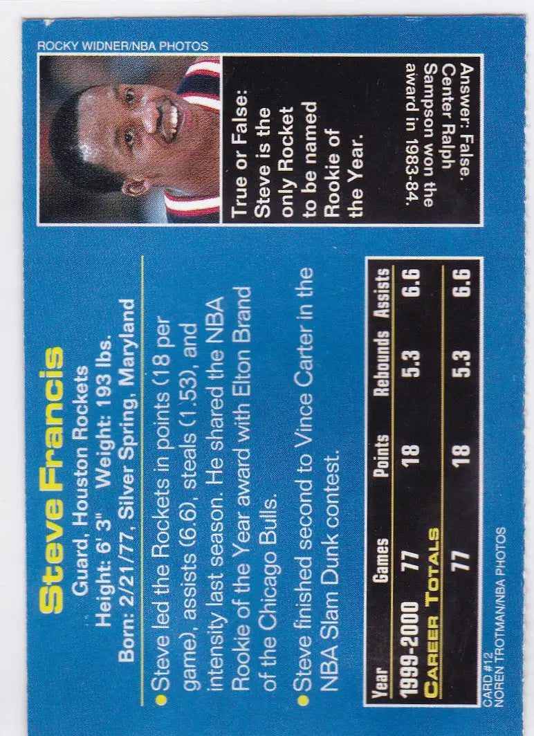 Steve Francis Houston Rockets basketball card from 2001 Sports Illustrated for Kids