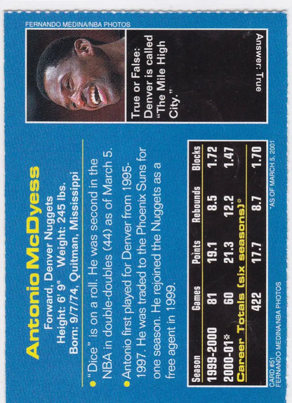 Antonio McDyess Denver basketball card from 2001 Sports Illustrated for Kids