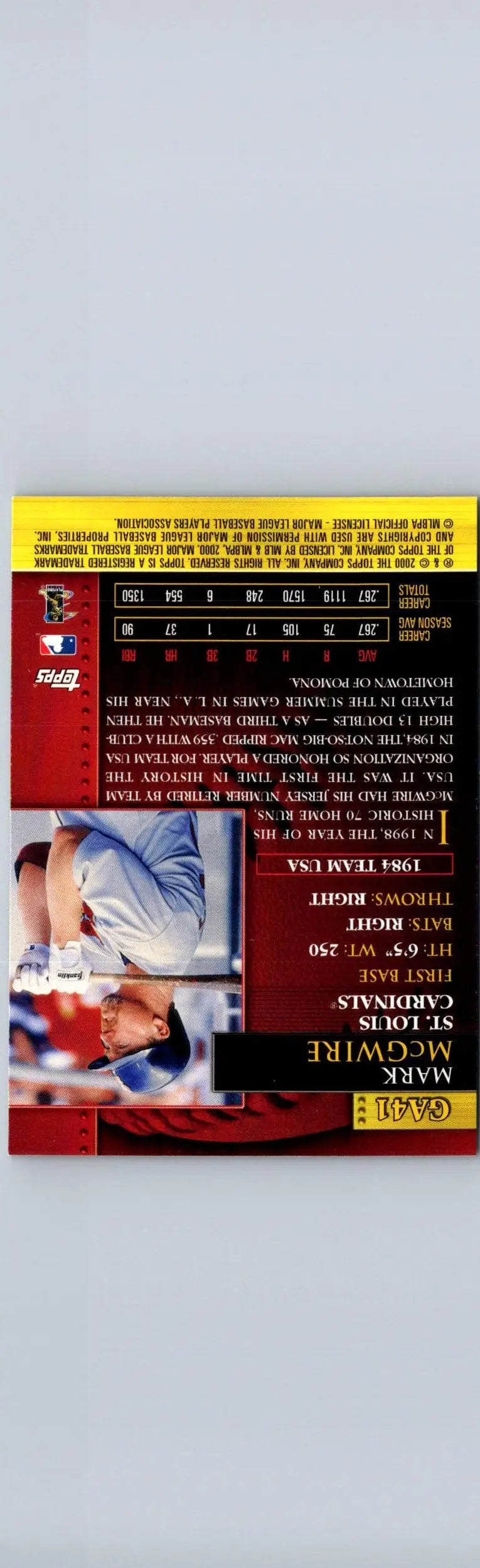 Back of 2001 Topps GA41 Mark McGwire Golden Anniversary baseball card showing details