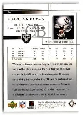 Charles Woodson 2001 Upper Deck #123 trading card in excellent condition