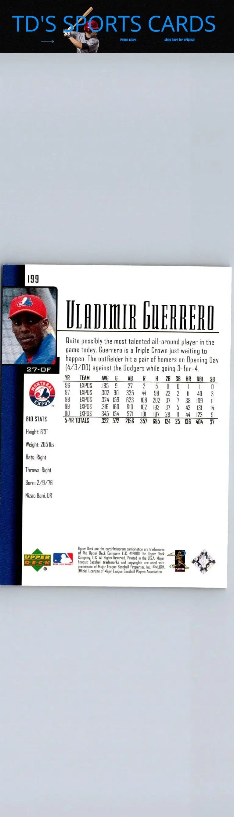 Vladimir Guerrero 2001 Upper Deck #199 trading card showcasing the star player