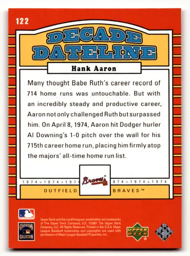 Hank Aaron baseball card back from 2001 Upper Deck Decade 1970s #122 original gloss