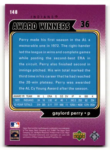 Original gloss baseball card back from 2001 Upper Deck Decade 1970s Gaylord Perry