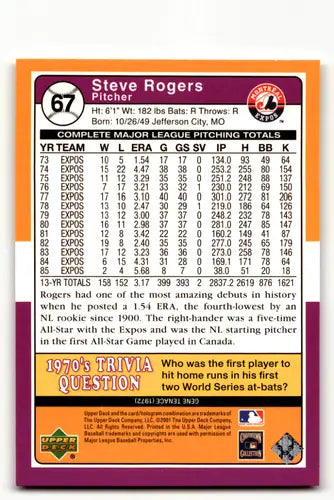 Steve Rogers baseball card from 2001 Upper Deck Decade 1970s collection near mint