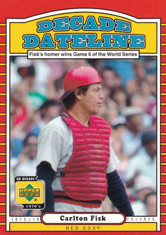 Baseball card of Carlton Fisk in red cap and chest protector from Upper Deck Decade Dateline
