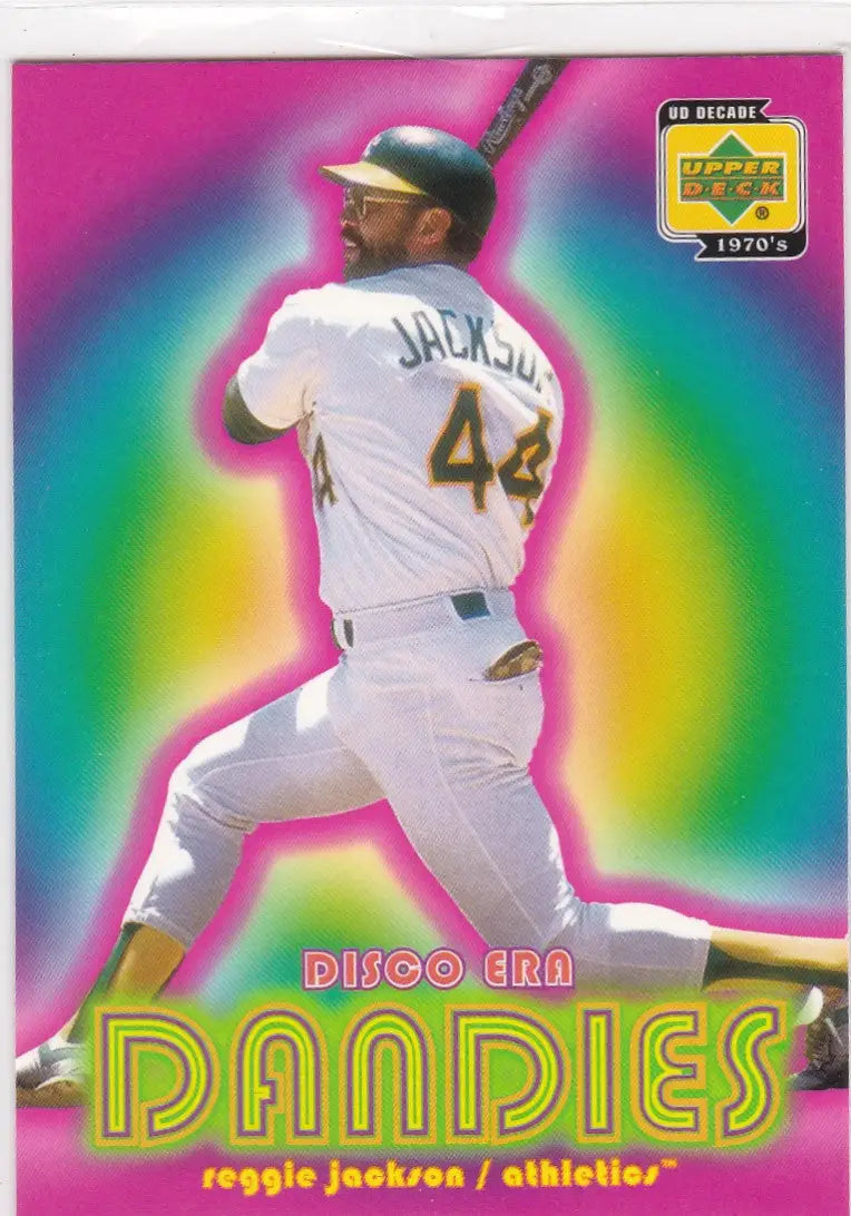 Baseball card of Reggie Jackson in a white uniform from Disco Era Dandies collection