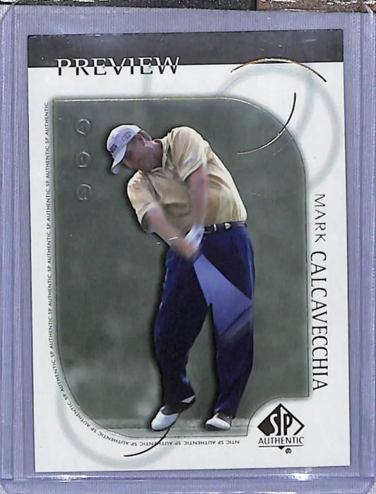 Trading card of Mark Calcavecchia mid-swing in navy pants and beige shirt from Deck SP Authentic