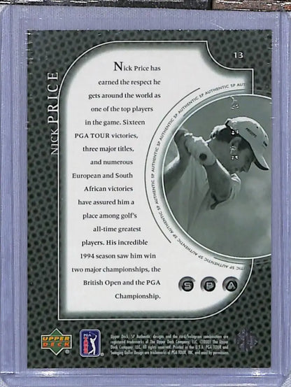 Back side of 2001 Upper Deck SP Authentic Nick Price Golf Card with text and photo