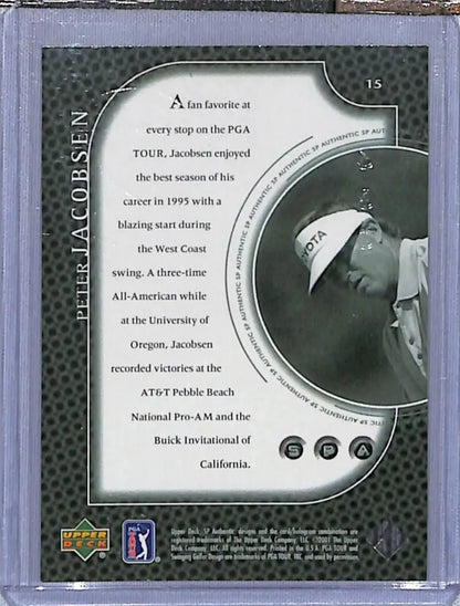 Golf card featuring Peter Jacobsen in a black and white action photo from Deck SP Authentic