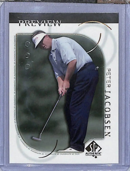 Golf card featuring Peter Jacobsen putting on the green from 2001 Upper Deck SP Authentic
