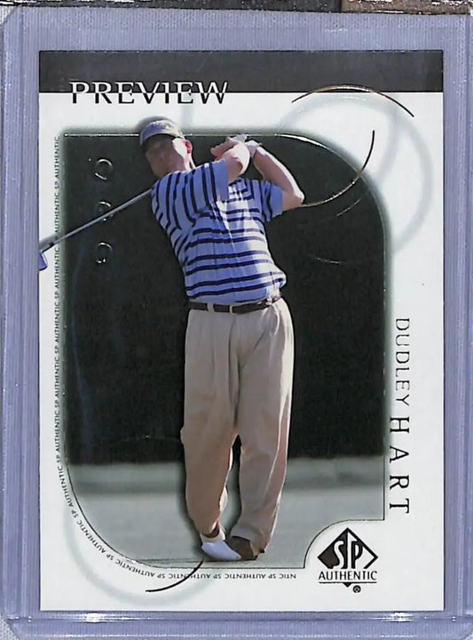 Trading card of Dudley Hart in a striped shirt mid-swing from Upper Deck Golf Card