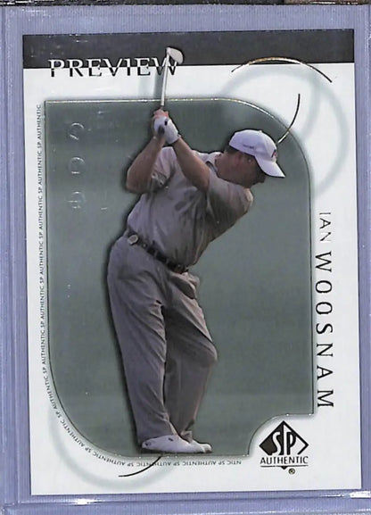 Golf trading card of Ian Woosnam mid-swing in grey attire from Upper Deck