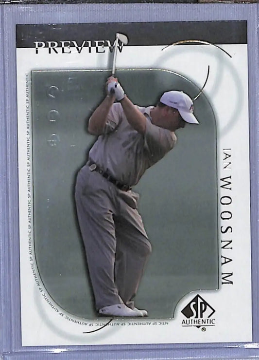 Golf trading card of Ian Woosnam mid-swing in grey attire from Upper Deck