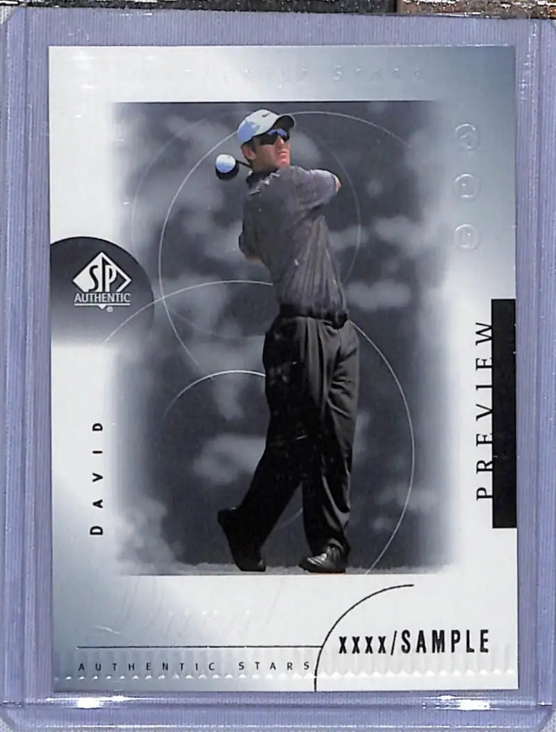 Golf trading card of David Duval mid-swing in black and white from Upper Deck SP Authentic
