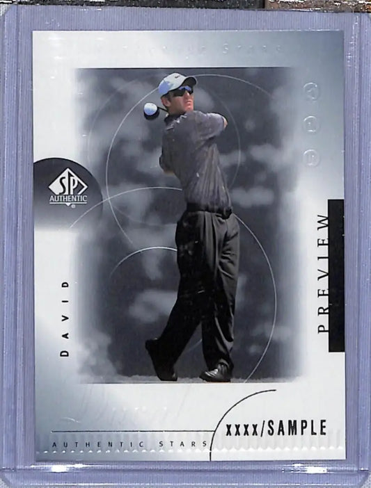 Golf trading card of David Duval mid-swing in black and white from Upper Deck SP Authentic